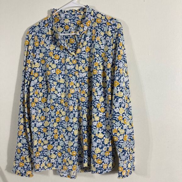 croft & barrow Tops - Croft & Barrow Floral Button Down Shirt Womens Large Blue Yellow Ruffle